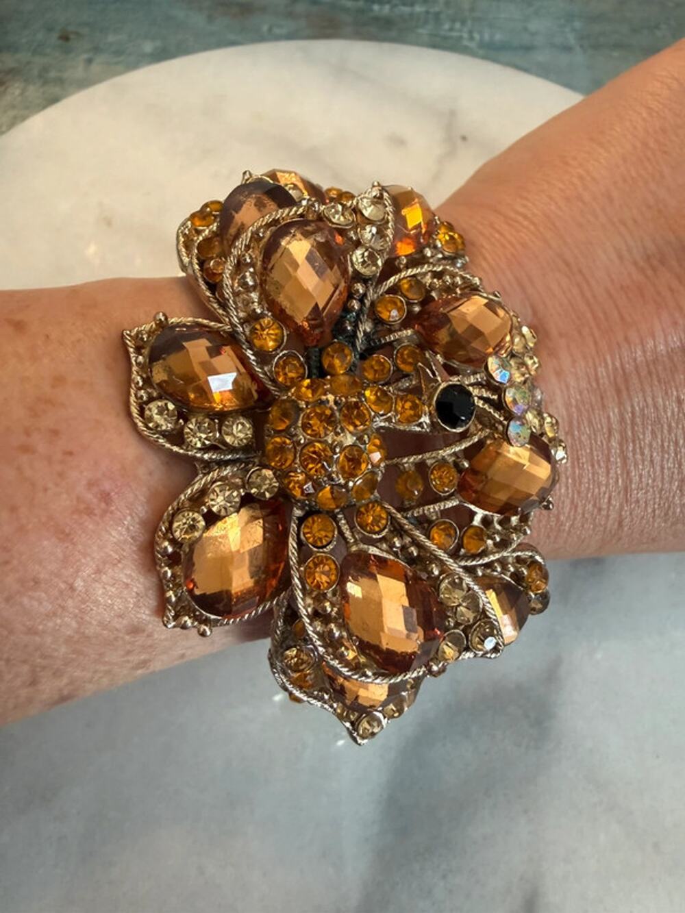 Vintage Peacock Rhinestone Hinged Cuff Bracelet Amber Crystal Statement